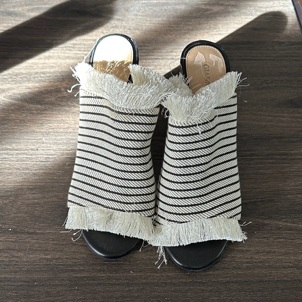 Gianni Bini Black and Cream Striped Fringe Mules